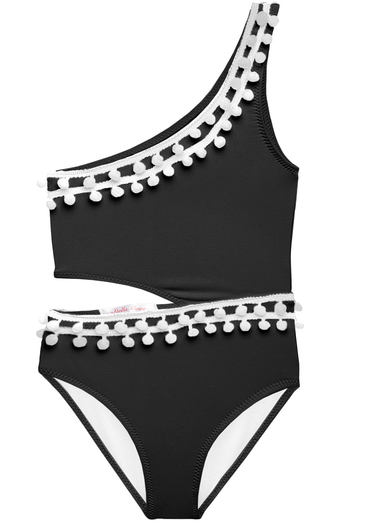 Main Black Side Cut Swimsuit with White Pom Poms image