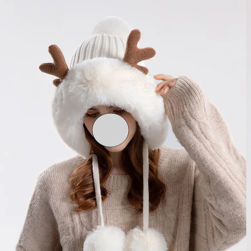 Main Christmas Deer Horn Knitted Hat Women Winter Outdoor Skiing Cold Proof image