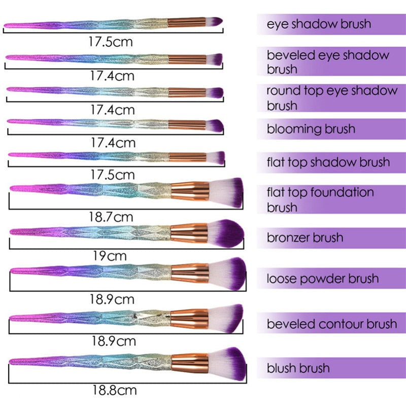 Main New 10pcs Diamond 3d Handle Makeup Brushes Gradient Colorful image