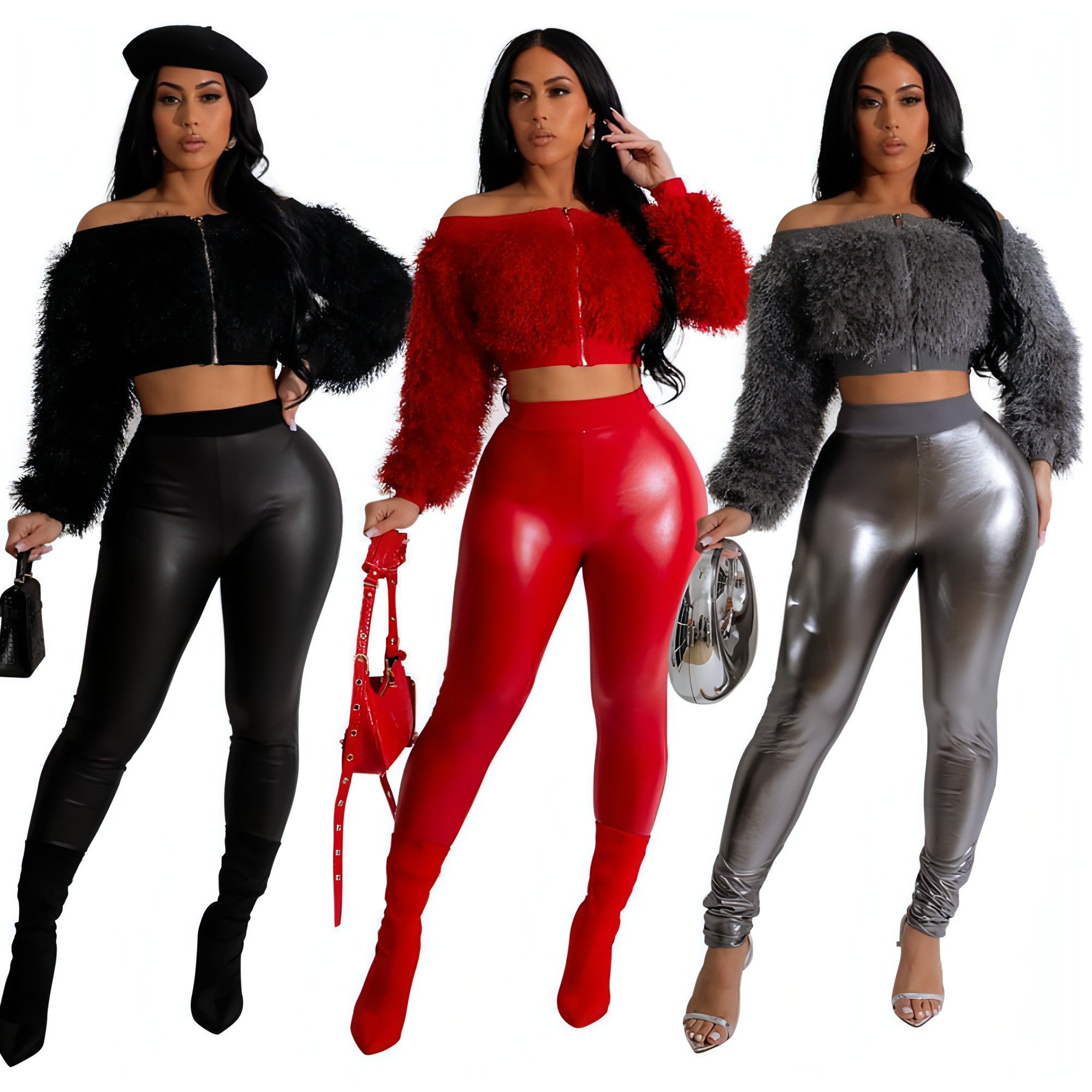 Main Long Sleeve Furry Short Top With Slim Trousers Two-piece Set For Women image