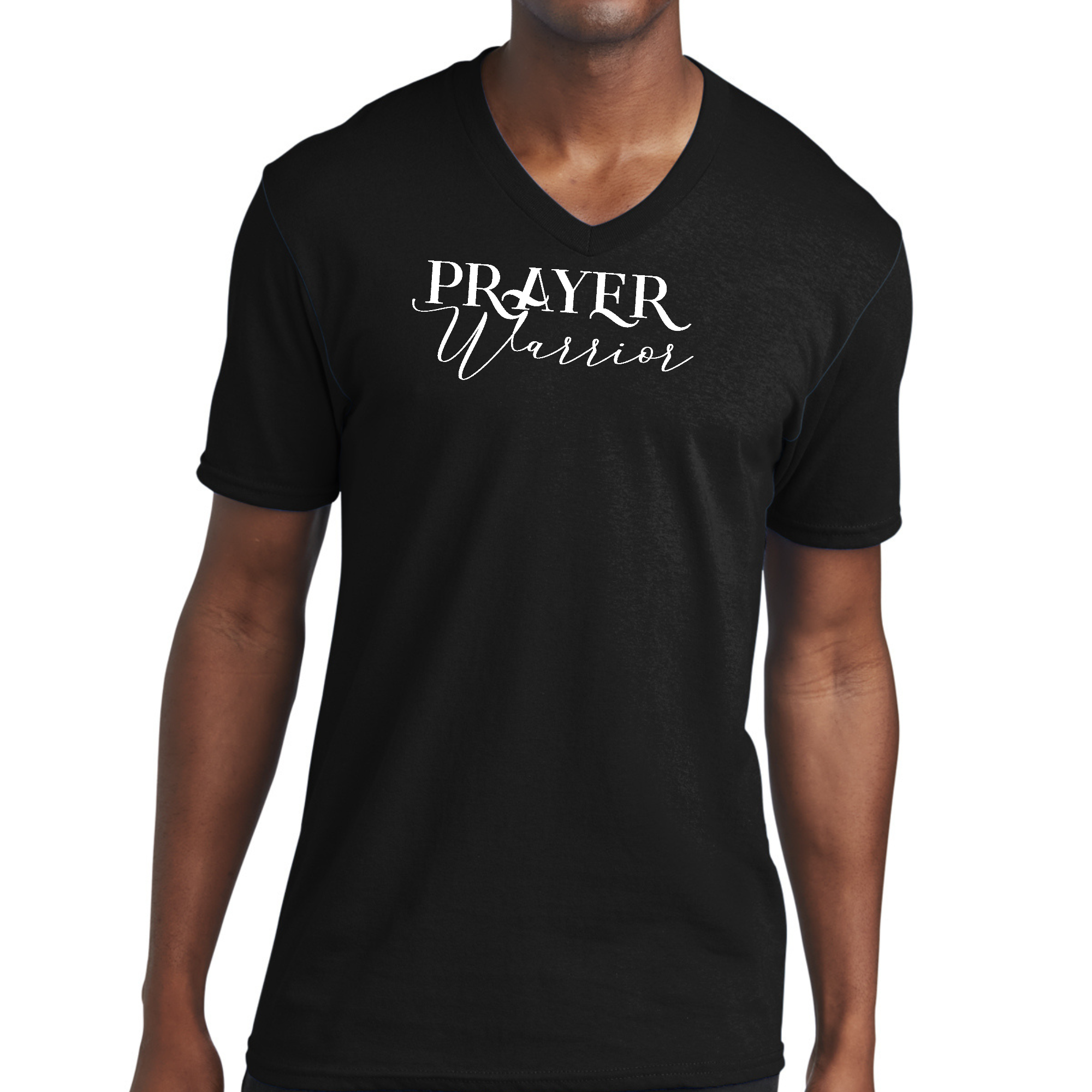 Main Mens Graphic V-neck T-shirt - Prayer Warrior Script Style Illustration image