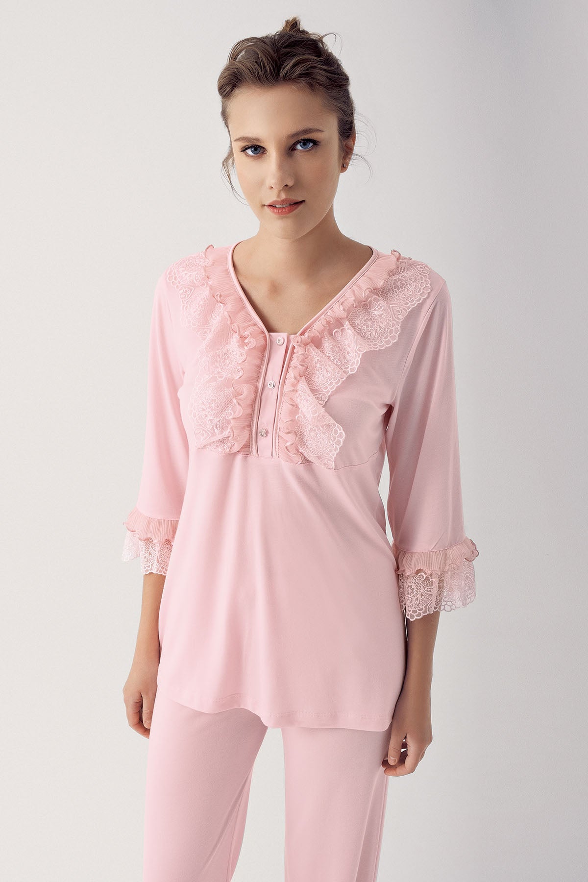 Main Shopymommy 14203 Leaf Lace Maternity & Nursing Pajamas Powder image