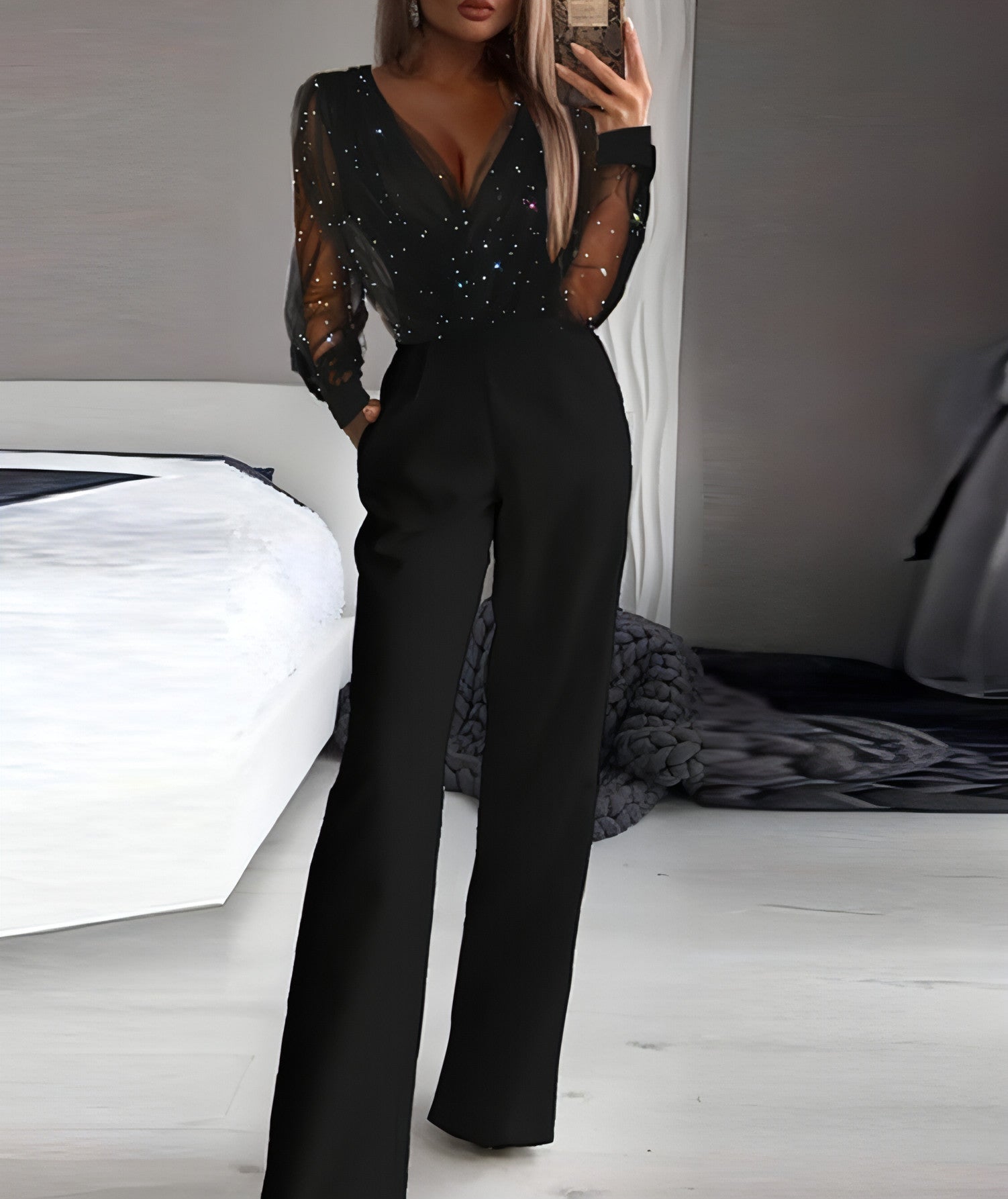 Main Trendy Shiny Mesh Dusting Powder Stitching High-end Elegant Jumpsuit image