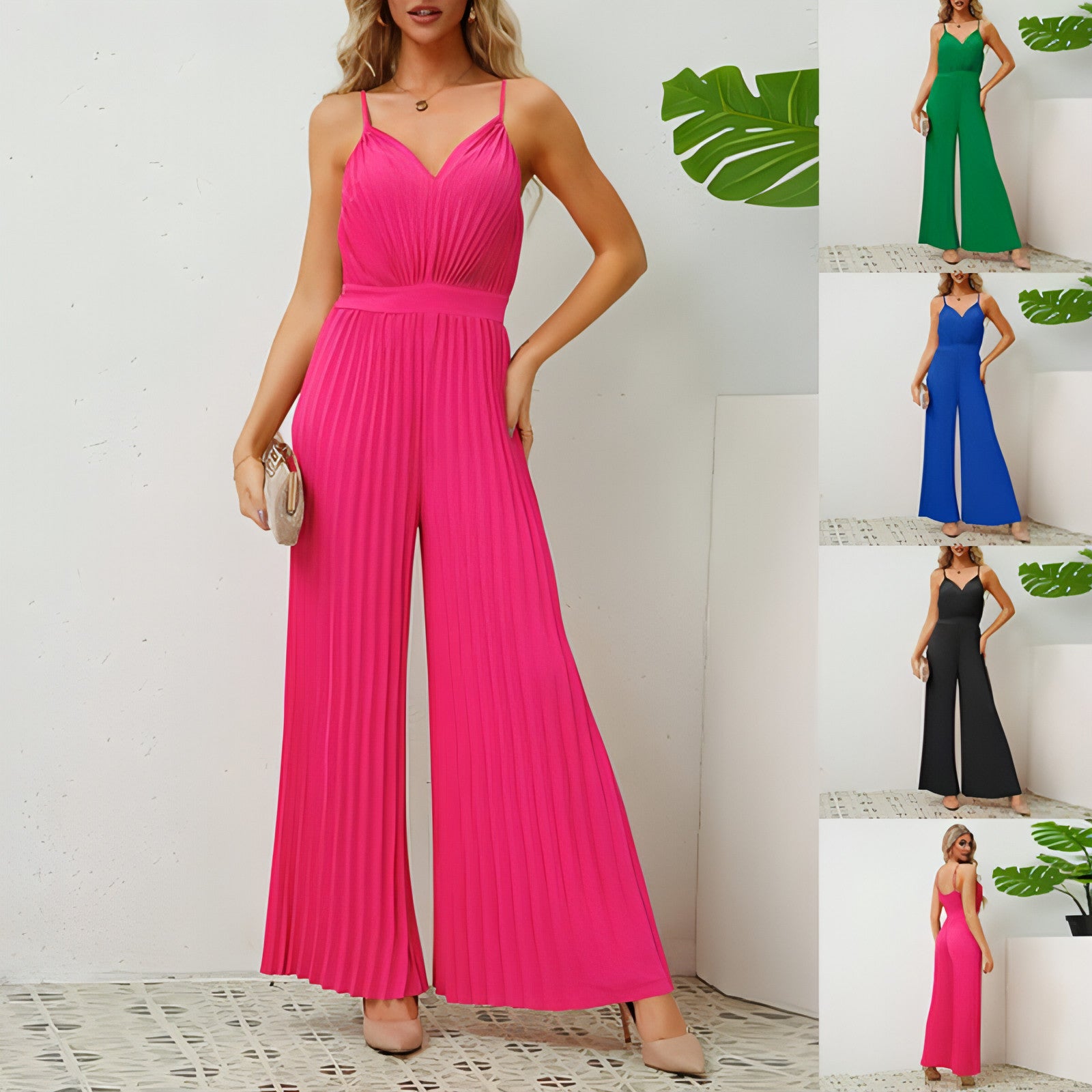Main V-neck Suspender Pleated Jumpsuit Women image
