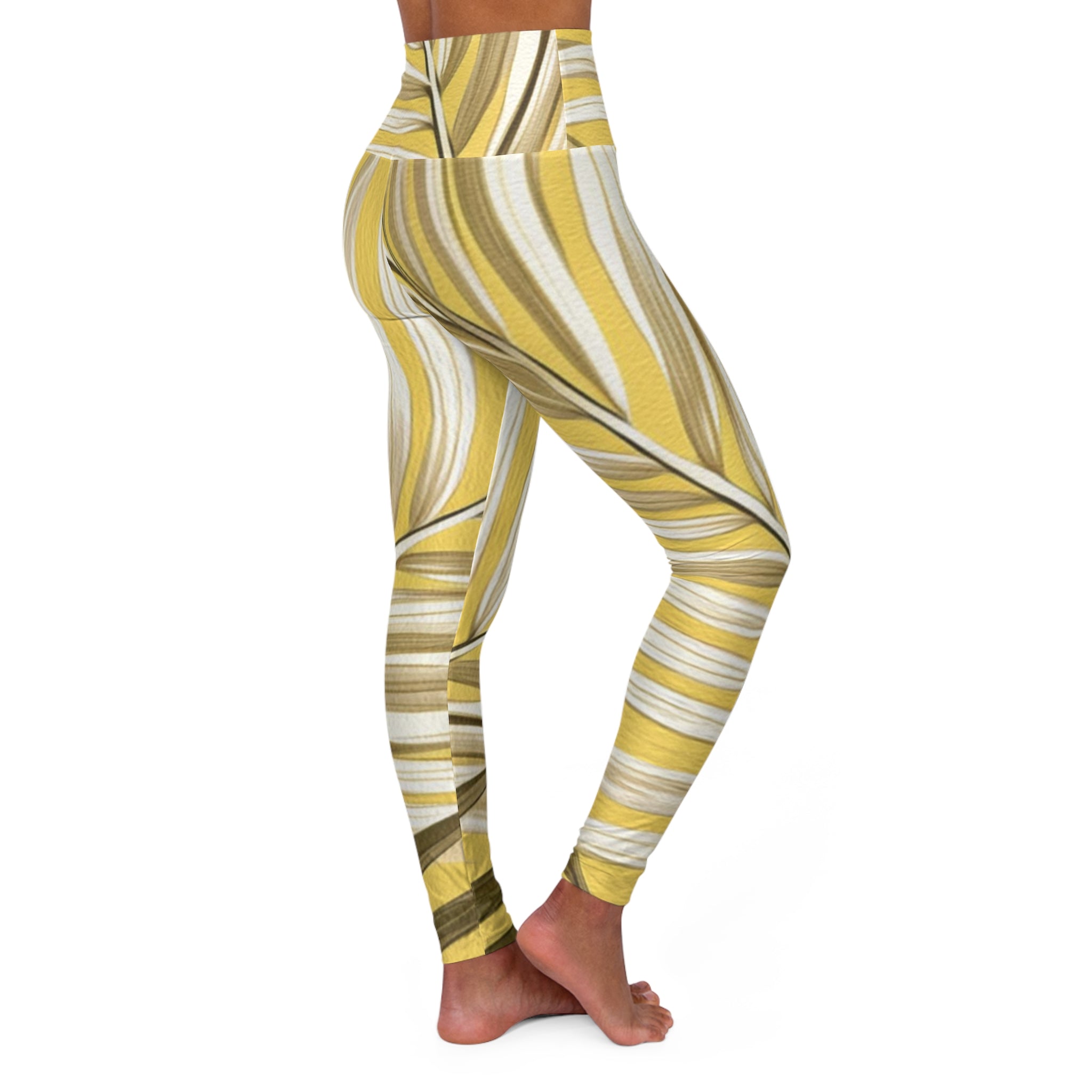 Main Womens High-waist Fitness Legging Yoga Pants - White Brown Palm Leaves image