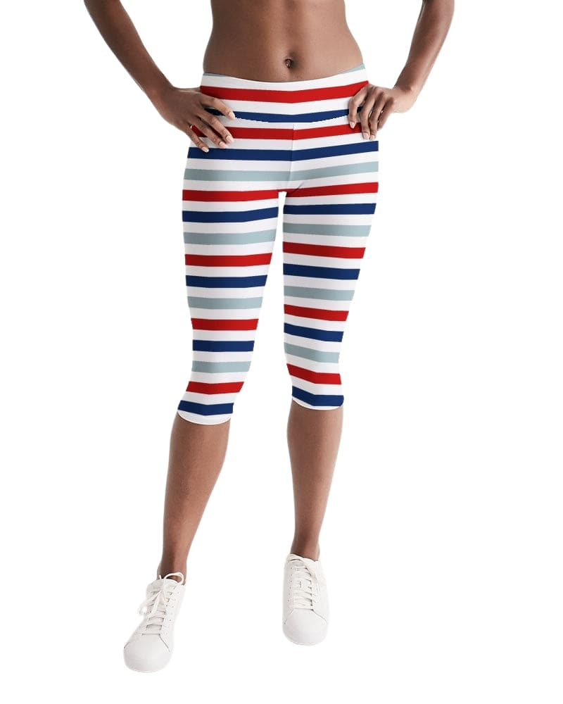 Main Womens Mid-rise Capri Leggings / Red White Blue Stripe Print image